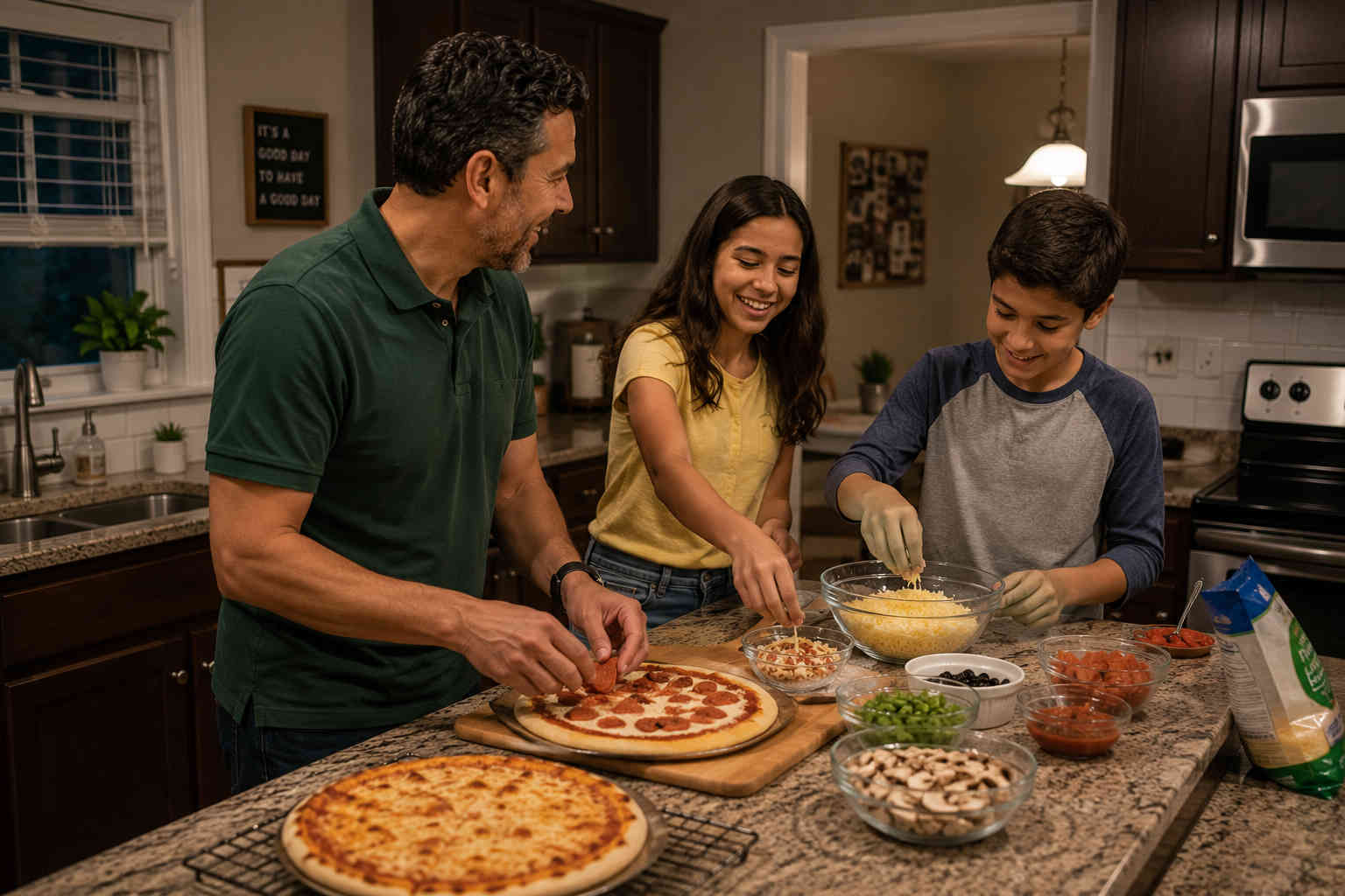 Father making homemade pizza with his son and daughter during a casual weekday evening
