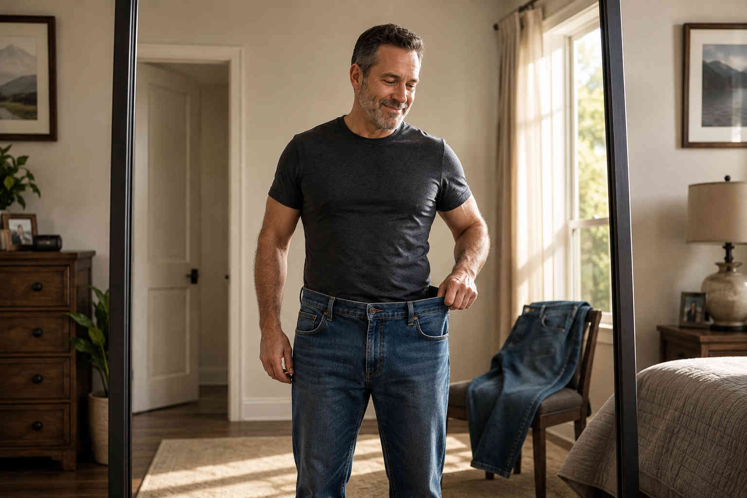 Middle-aged man smiling as he pulls the waistband of loose jeans away from his waist after losing weight
