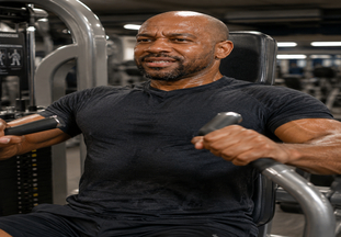 Man over 40 strength training on a gym machine
