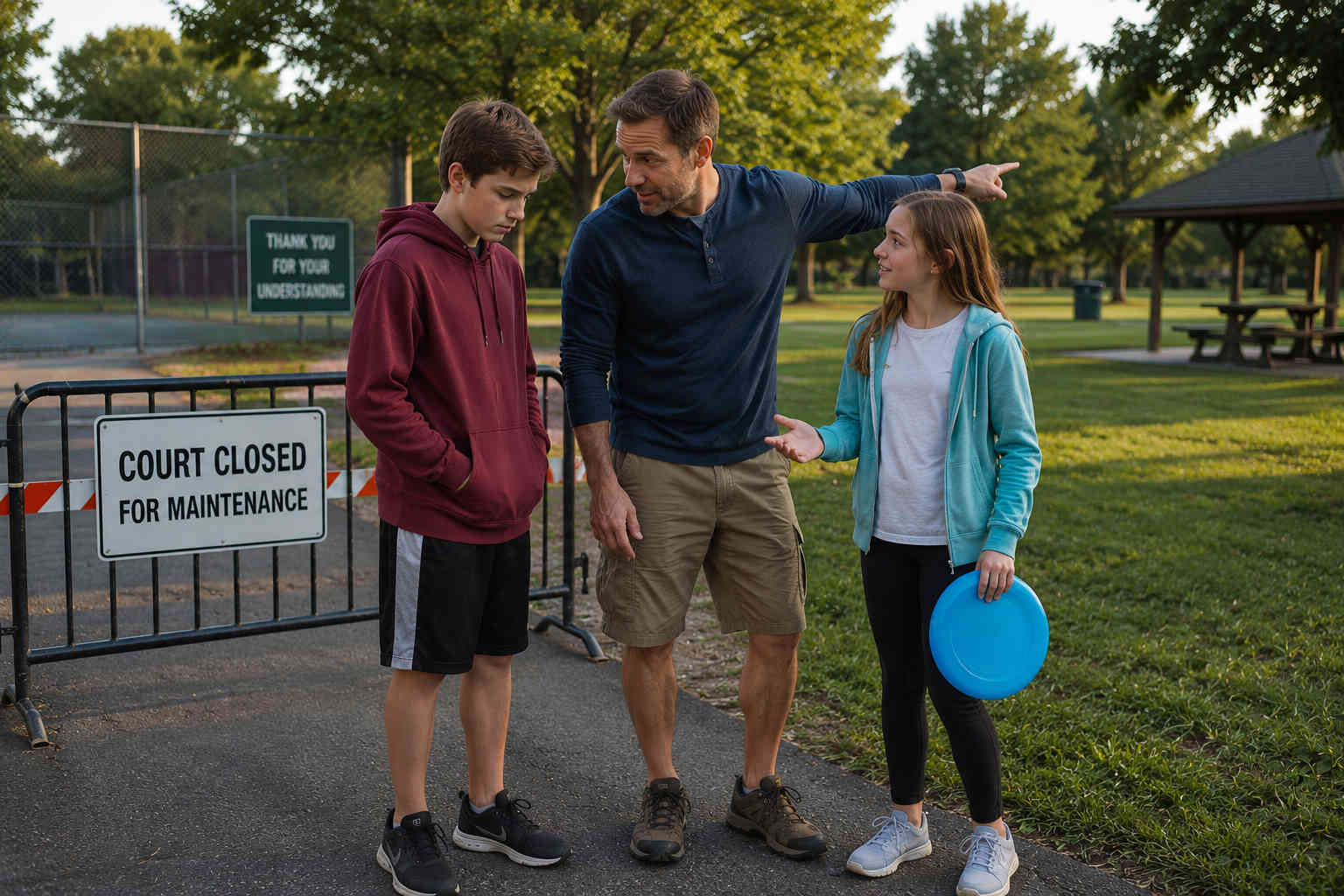 Father helping his son and daughter choose a new plan after finding an activity closed