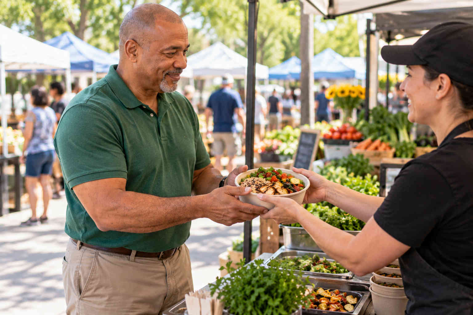 Man receiving a balanced whole-grain bowl with chicken and vegetables at an outdoor farmers market