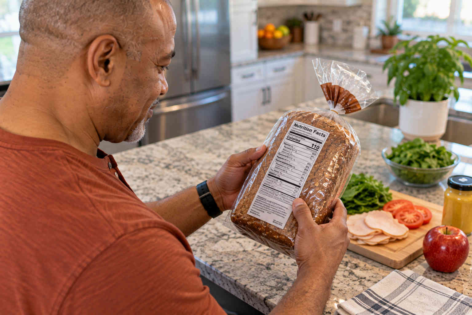 Over-the-shoulder view of a man reading the Nutrition Facts panel on a loaf of whole-grain bread