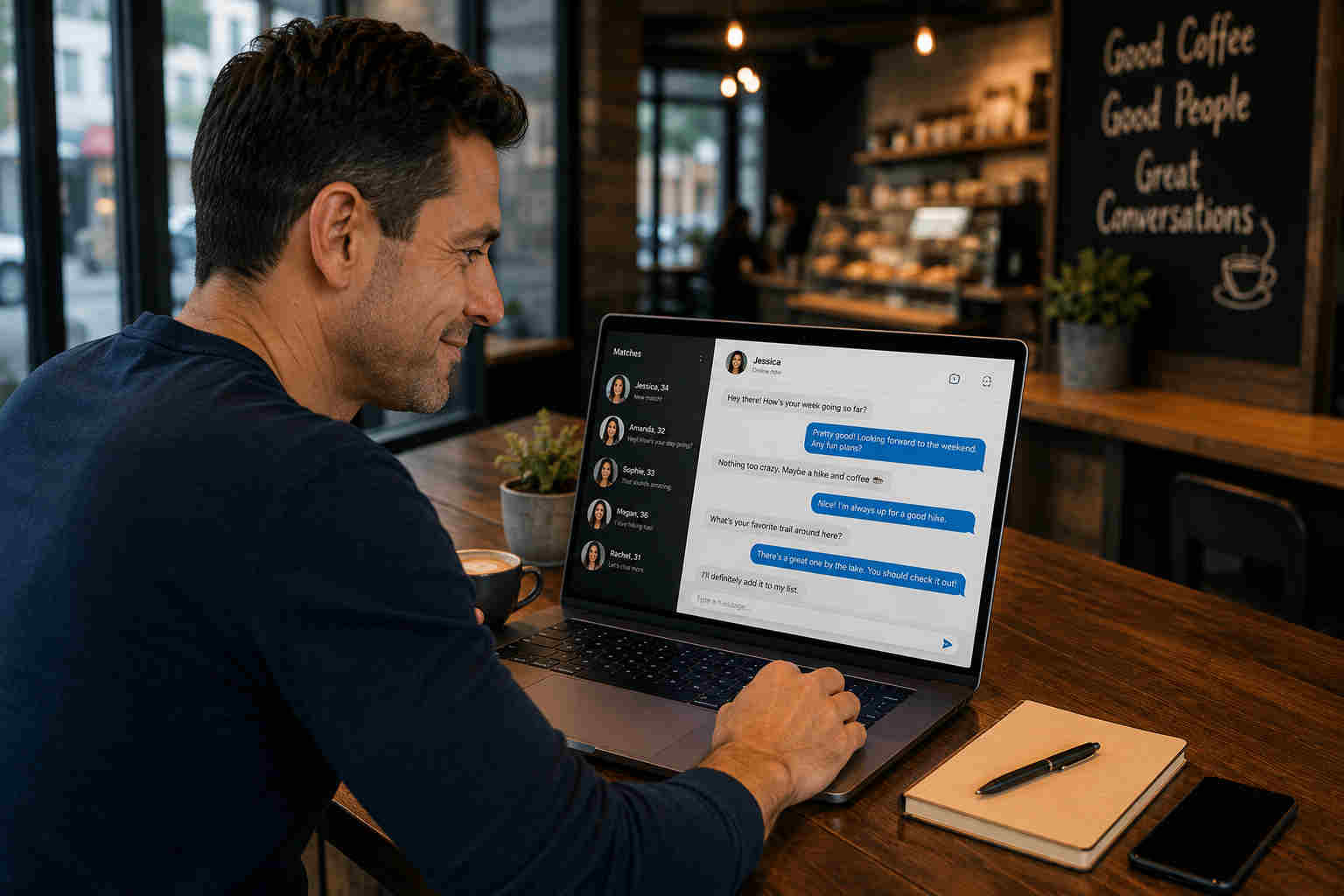 Man in a coffee shop viewing several dating app conversations on his laptop