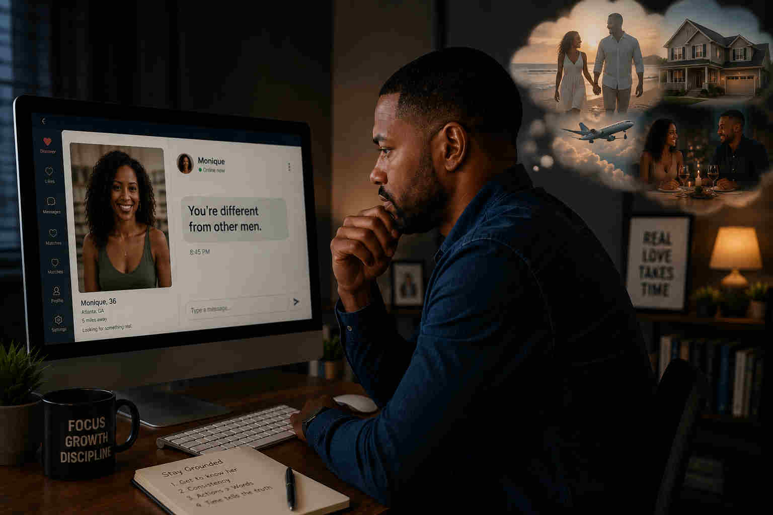 Divorced man reading a dating message and imagining a future relationship too quickly