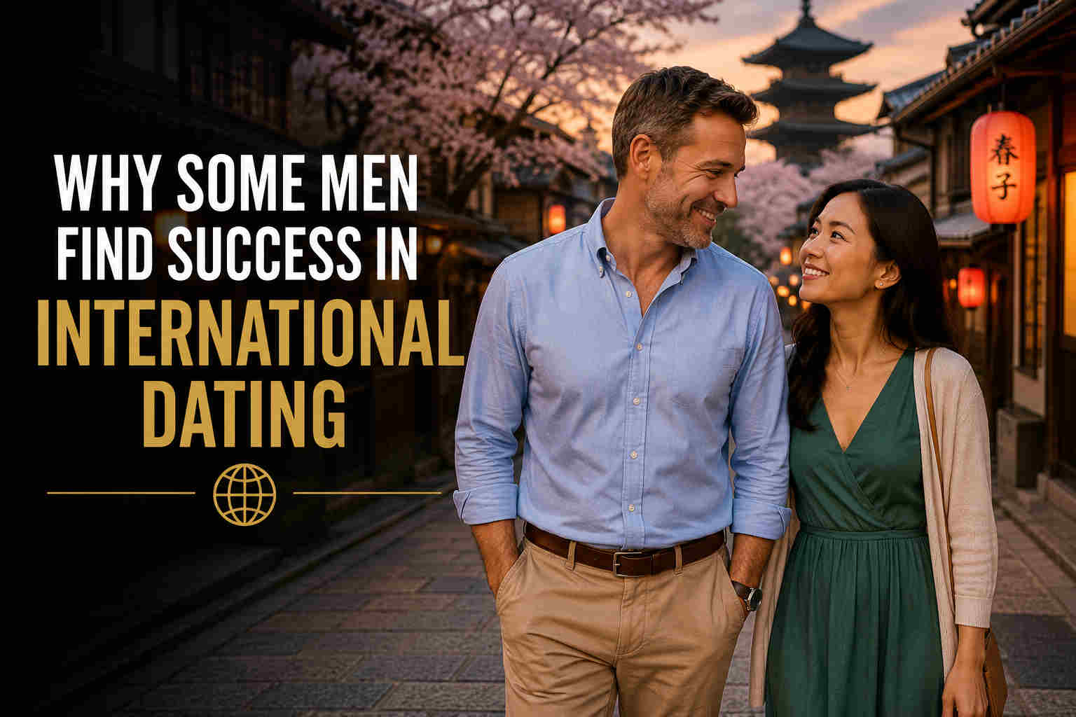 Man and woman walking together in Kyoto, Japan for an article about international dating success