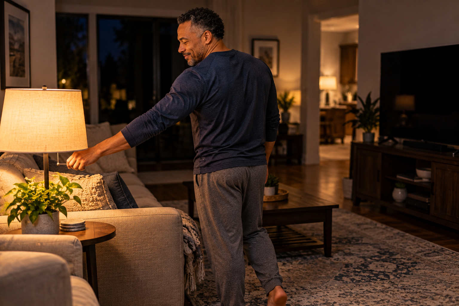 Marcus turning off a living room lamp as he winds down after evening exercise
