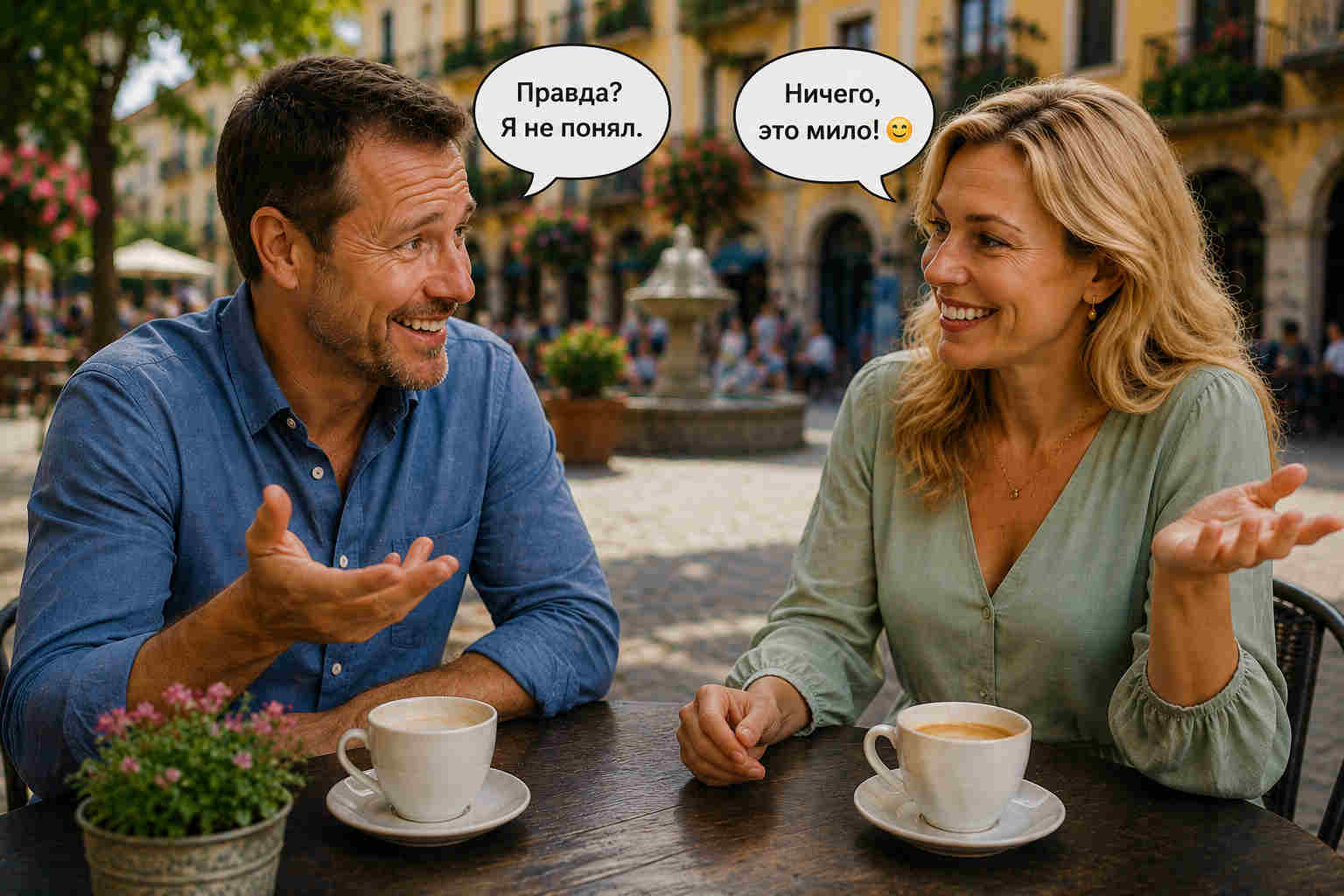 Cross-cultural couple using expressions and gestures during a relaxed cafe conversation
