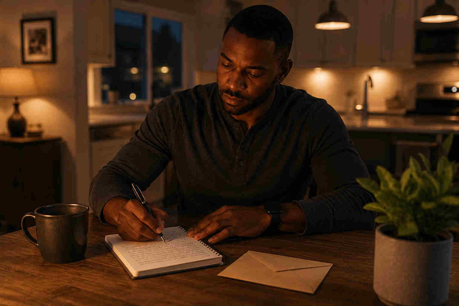Divorced man writing an unsent letter at his kitchen table during emotional healing